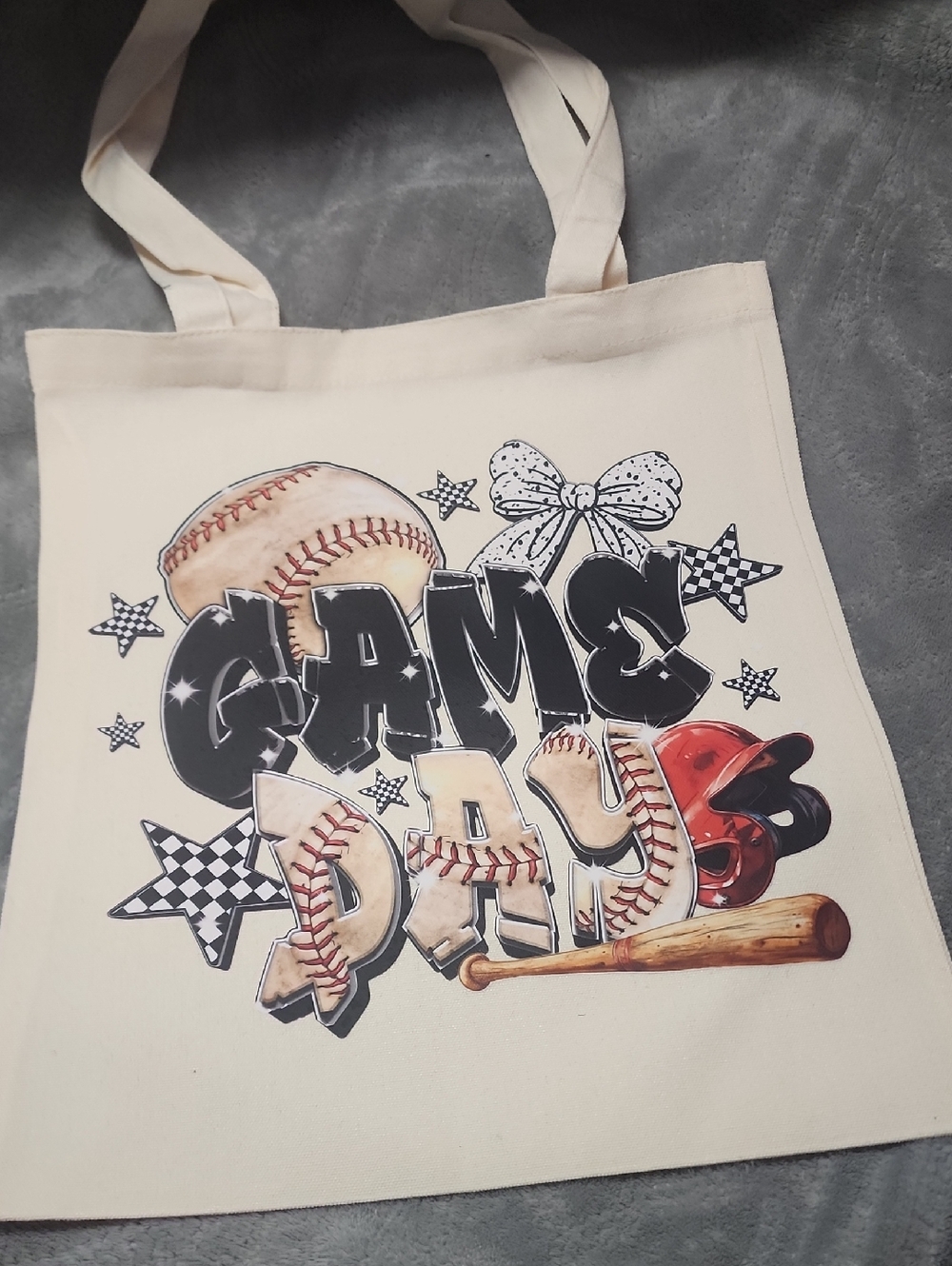 Canvas Tote Bag - Game Day Baseball Design - Cream. 13x15